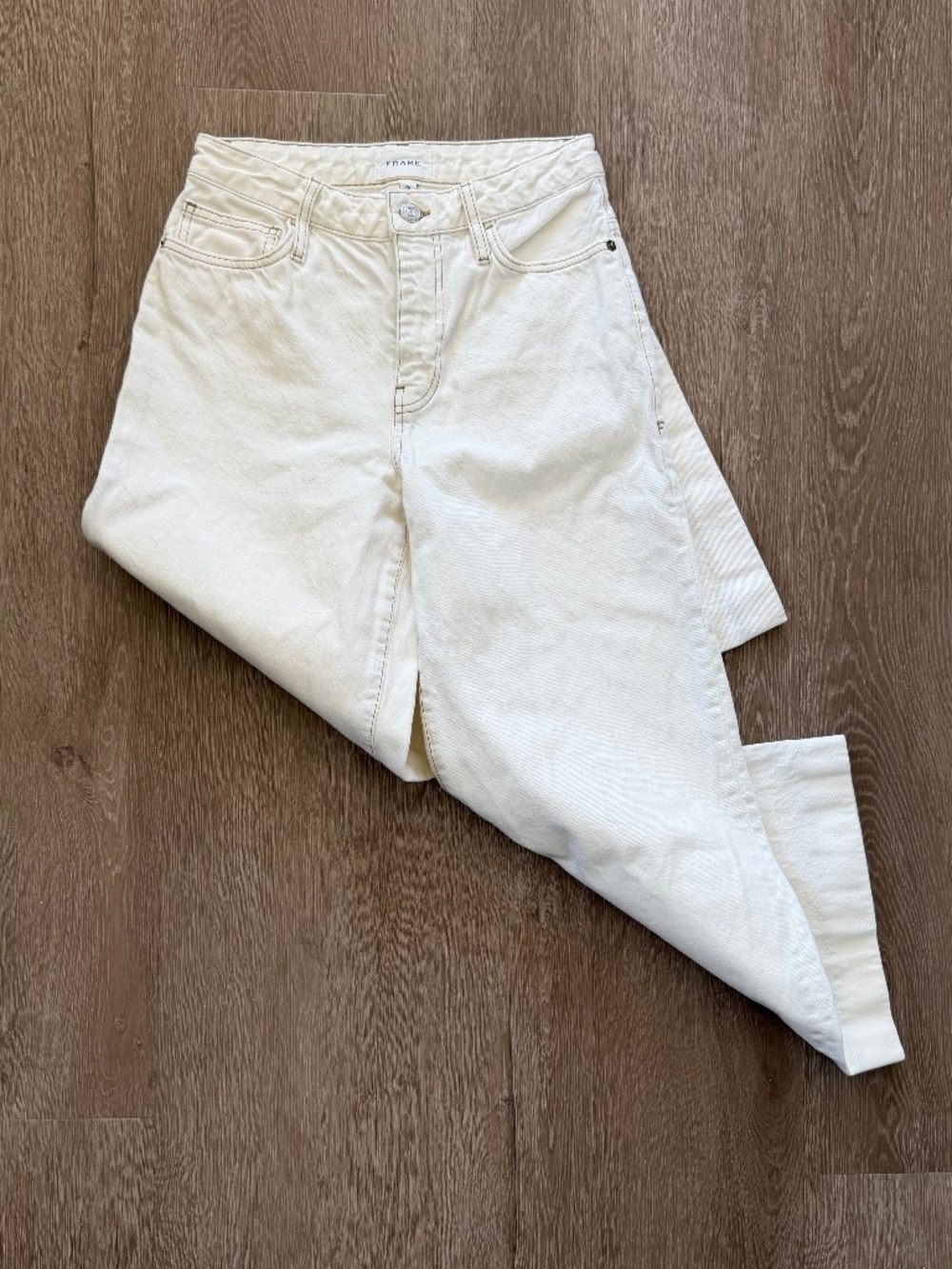 FRAME High-Rise Wide Leg Cropped Jeans in Beige, 25